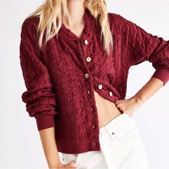 FP FREE PEOPLE Beach Burgundy Red Tan Button Knit Cardigan Ruche Bomber Jacket S - Picture 1 of 10